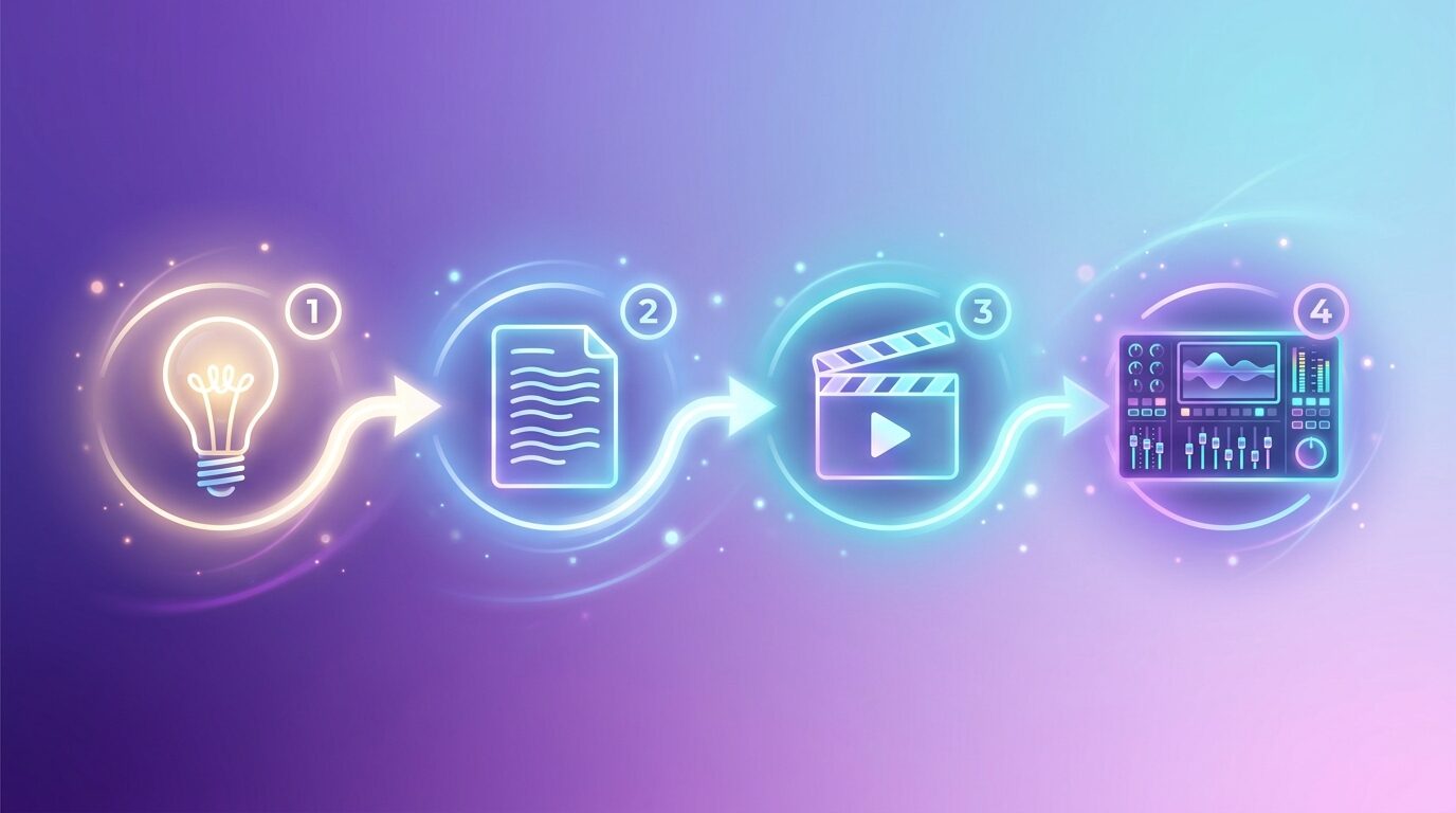 The four steps of the AI video pipeline: idea, script, video, polish